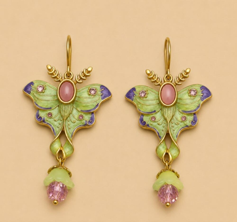 Victorian Style Moth Butterfly Drop Earrings Enamel and Rhinestone Pretty